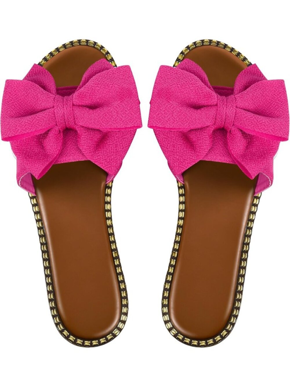 Women's Hot Pink Bow Knot Slides Open Toe Flat Slip On Faux Leather Slippers